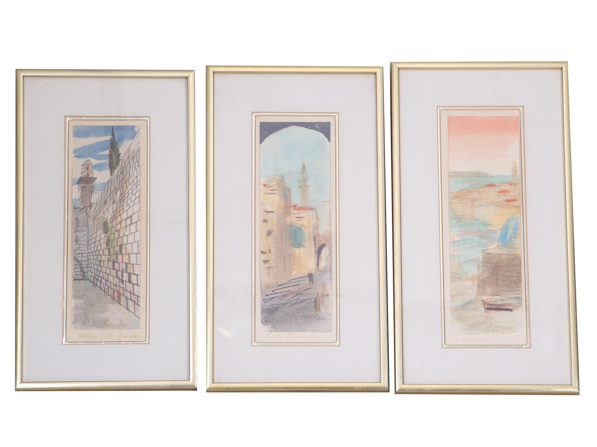 THREE JUDAICA ISRAELI MIXED MEDIA PAINTINGS SIGNED PIC-0